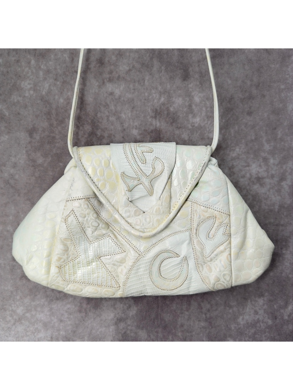 Vintage 80s Sharif Iridescent Holographic White Patchwork Leather Shoulder Bag